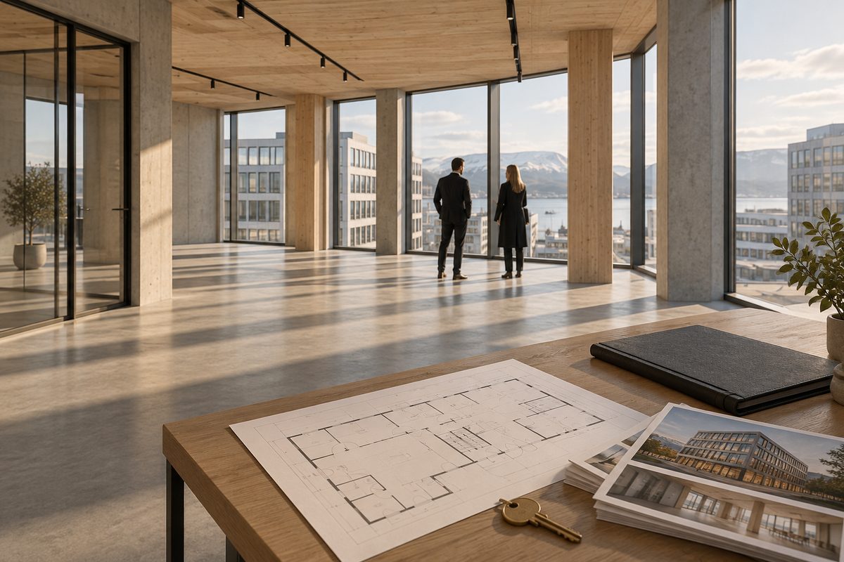 Plantegning, eiendomsfoto og en nøkkel på et bord i et lyst næringslokale, med to personer ved vinduene.