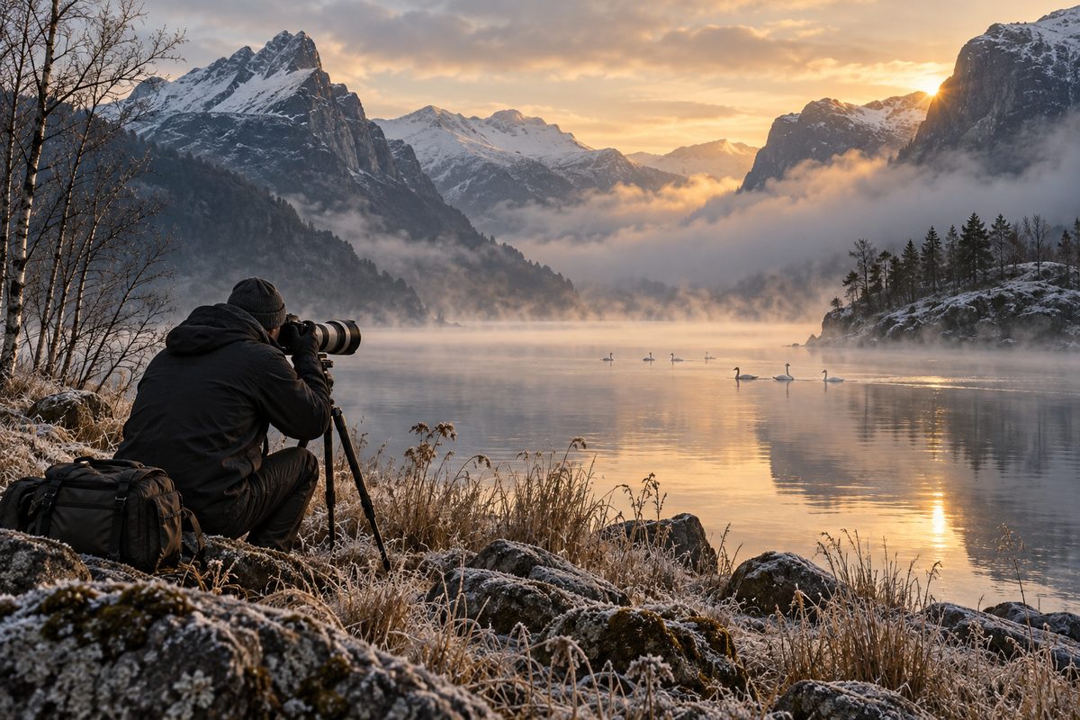En fotograf med teleobjektiv og stativ fotograferer svaner ved en frostkledd fjord med morgentåke og høye fjell.