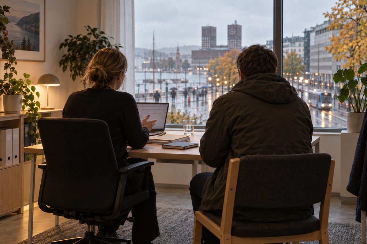 En veileder og en besøkende sitter ved et bord med papirer og datamaskin foran et vindu mot en regnvåt by.