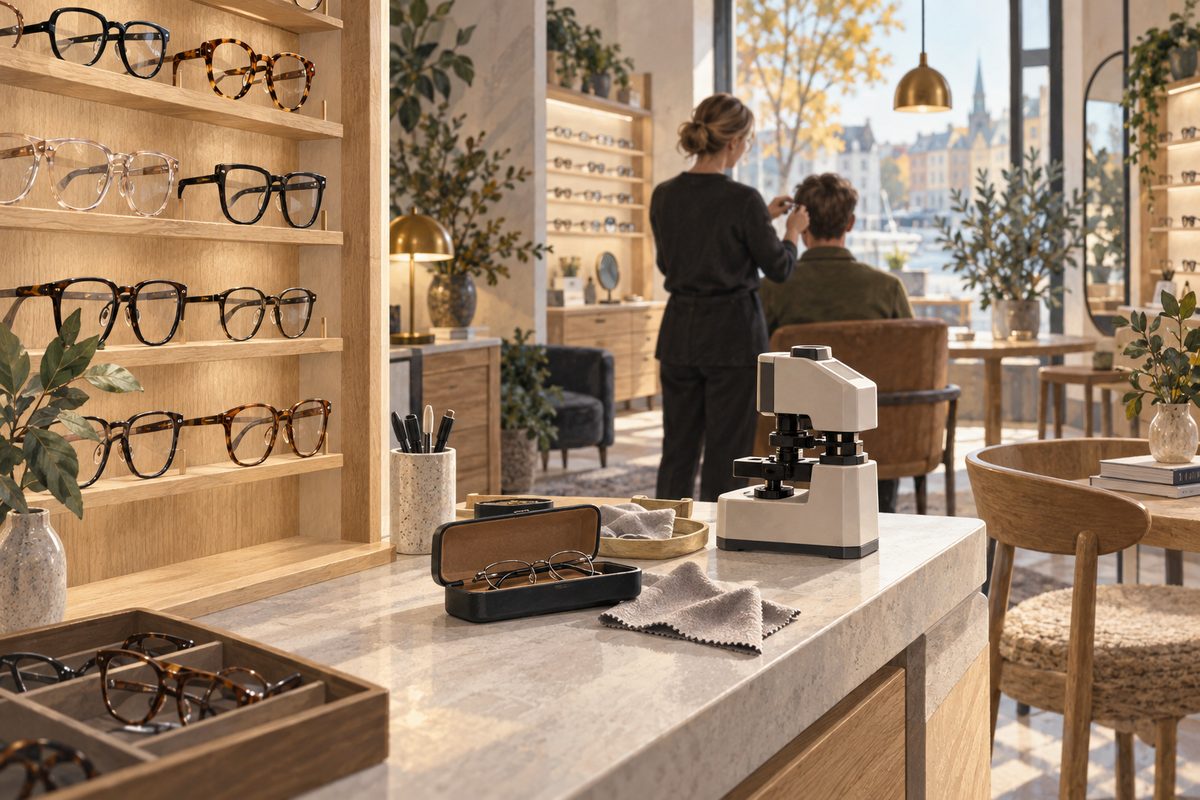 I en lys optikerbutikk står briller i trehyller mens en optiker tilpasser en innfatning ved disken.
