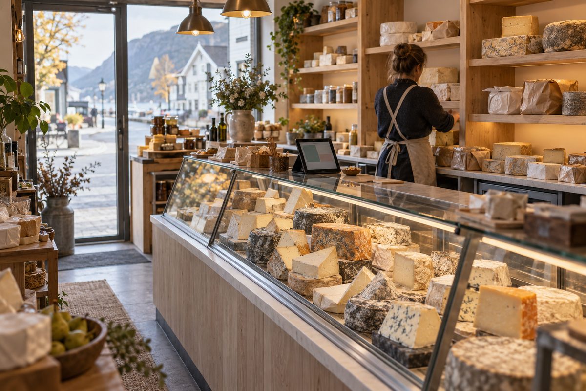 Glassdisken i en lun ostebutikk er fylt med ulike oster, mens en ansatt ordner varer ved hyllene.