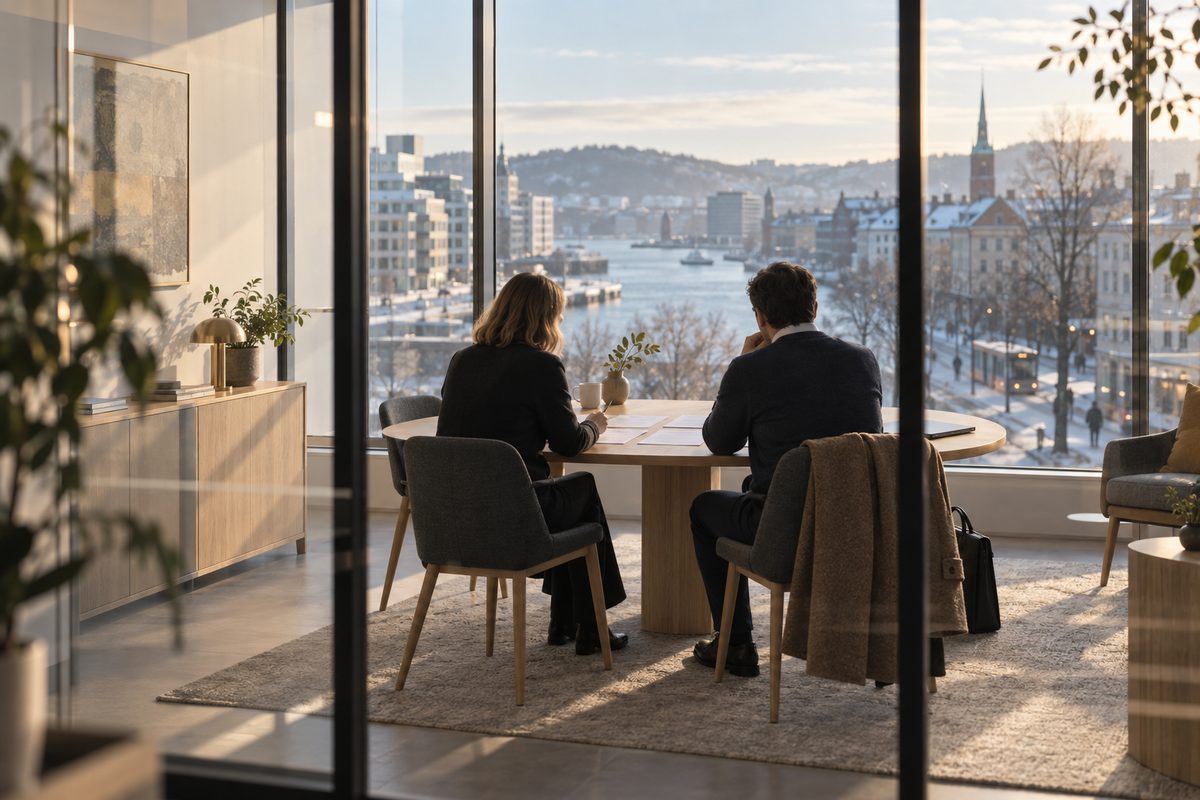 To personer snakker sammen ved et bord med papirer i et lyst kontor med utsikt mot en vinterby.