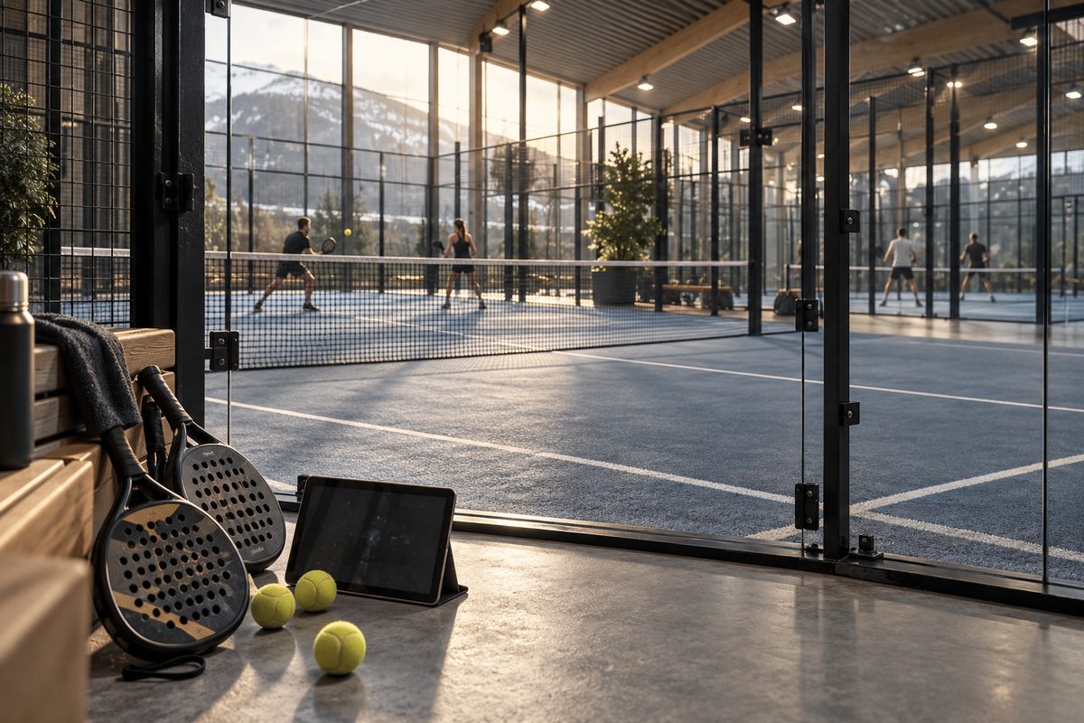 Padelracketer og baller står foran glassveggene i en lys hall, mens spillere trener på banene bak.