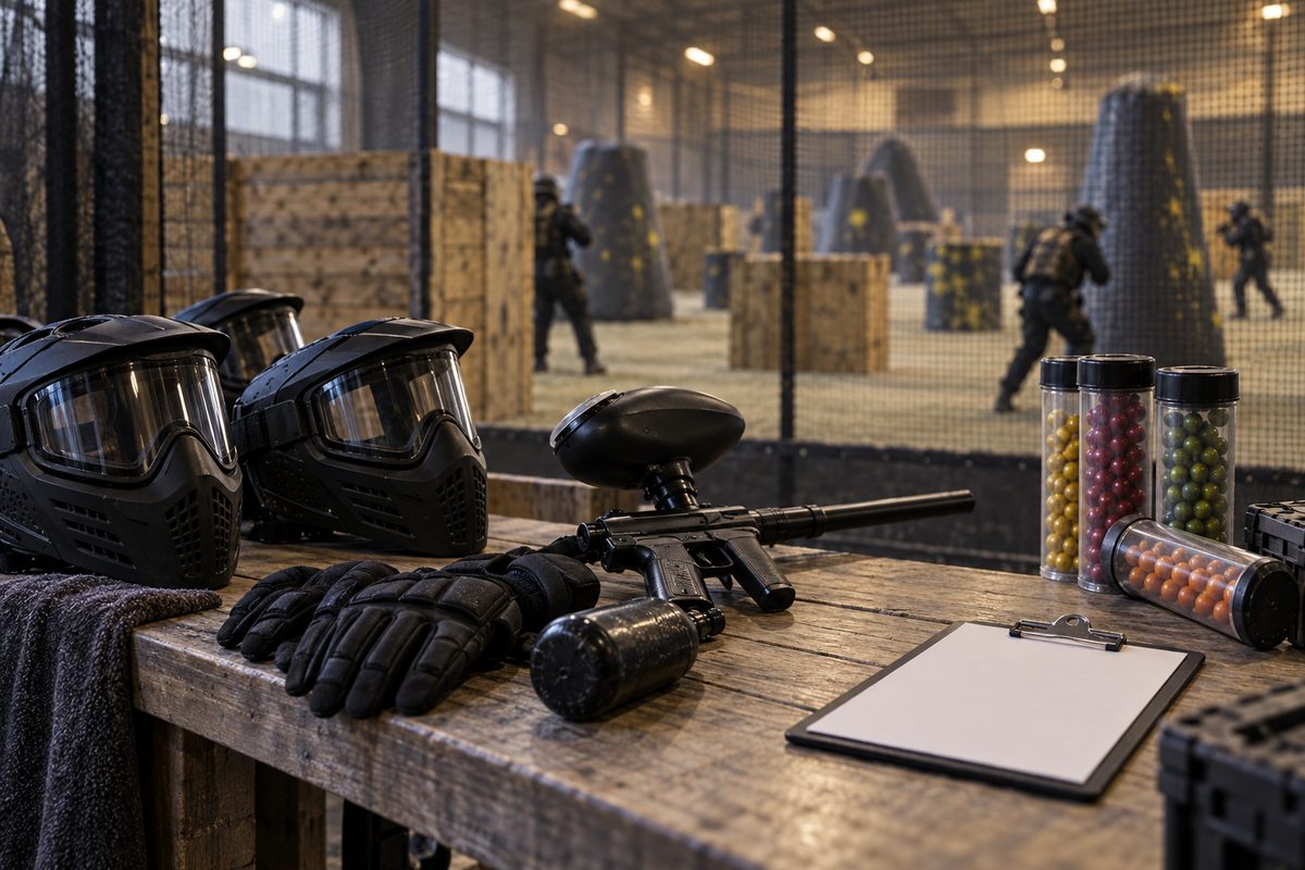 Paintballmasker, hansker og beholdere med fargede kuler ligger på benken foran en nettinginngjerdet bane.