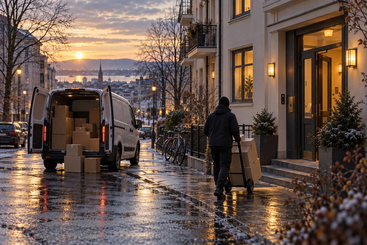 En budbærer triller pakker fra en umerket varebil mot en boligblokk mens morgenlyset speiler seg i den våte gaten.