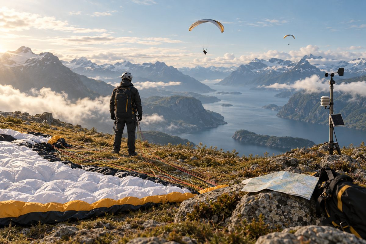 En instruktør står ved en utlagt paraglider på en fjellrygg med fjord, værstasjon og paraglidere i lufta.
