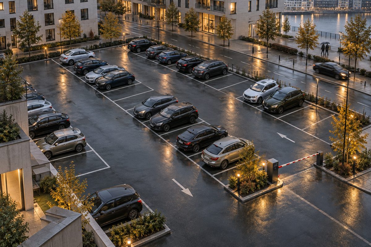 En regnvåt parkeringsplass med biler i oppmerkede felt, flere ledige plasser, innkjøringsbom og lyse bybygg.