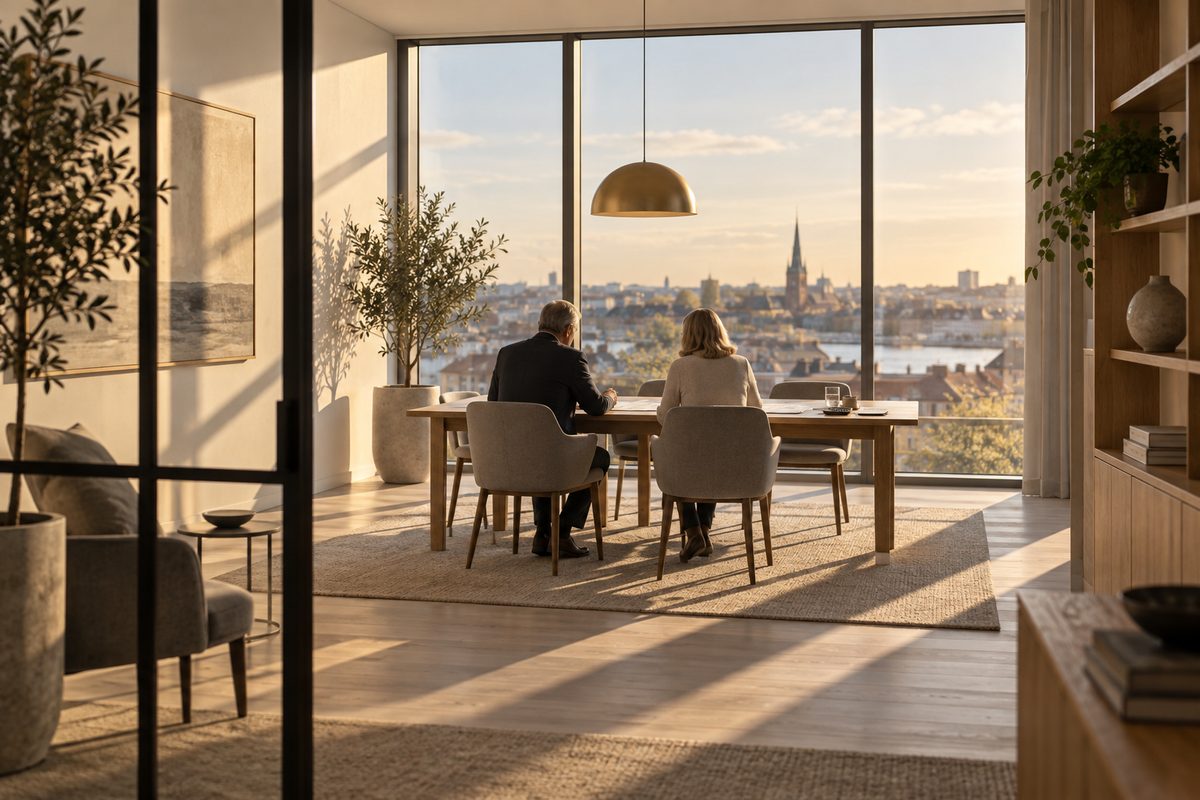 En rådgiver og en kunde sitter ved møtebordet med planark foran seg, badet i kveldssol fra store vinduer mot byen.