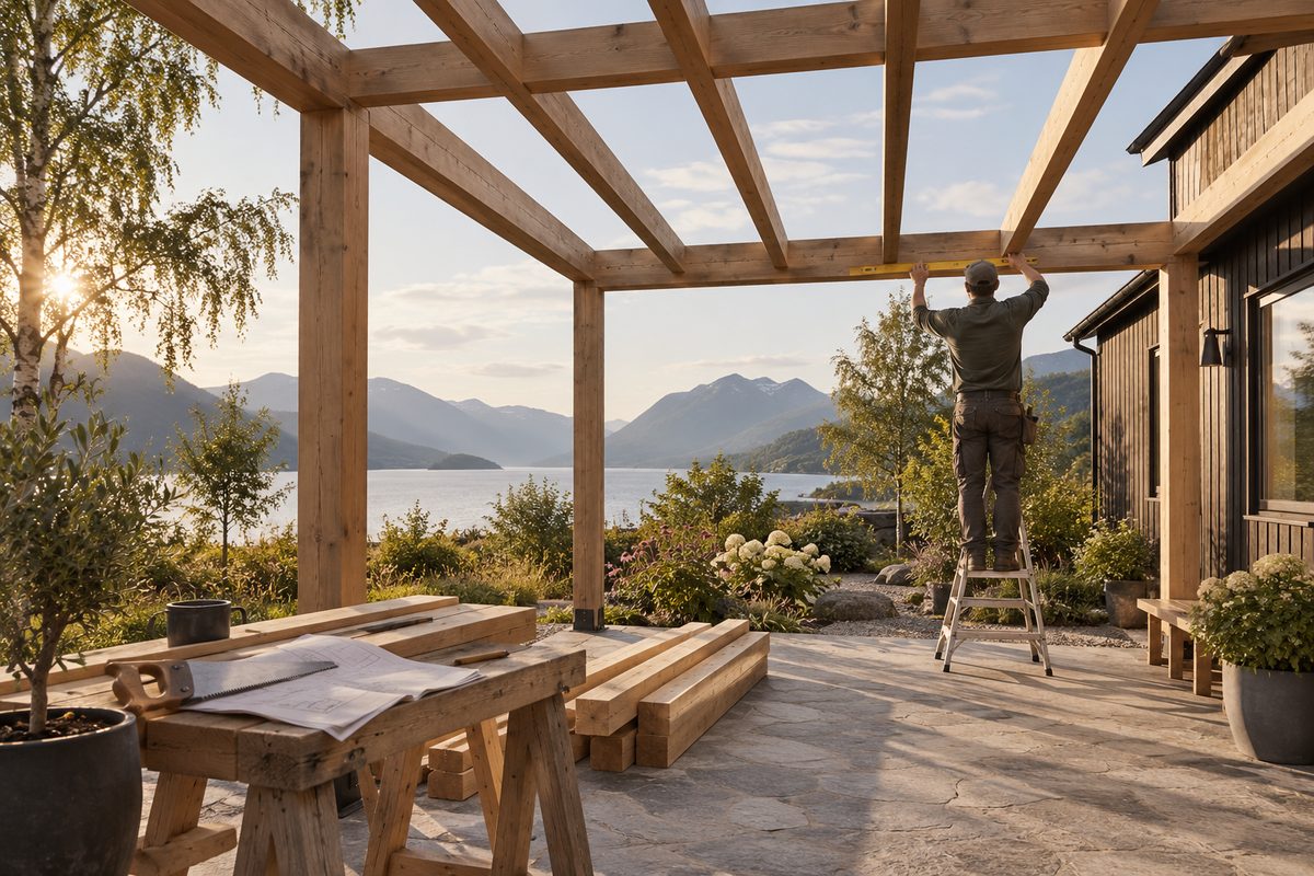 En tømrer måler bjelken i en ny pergola over en terrasse med utsikt mot fjell og innsjø.