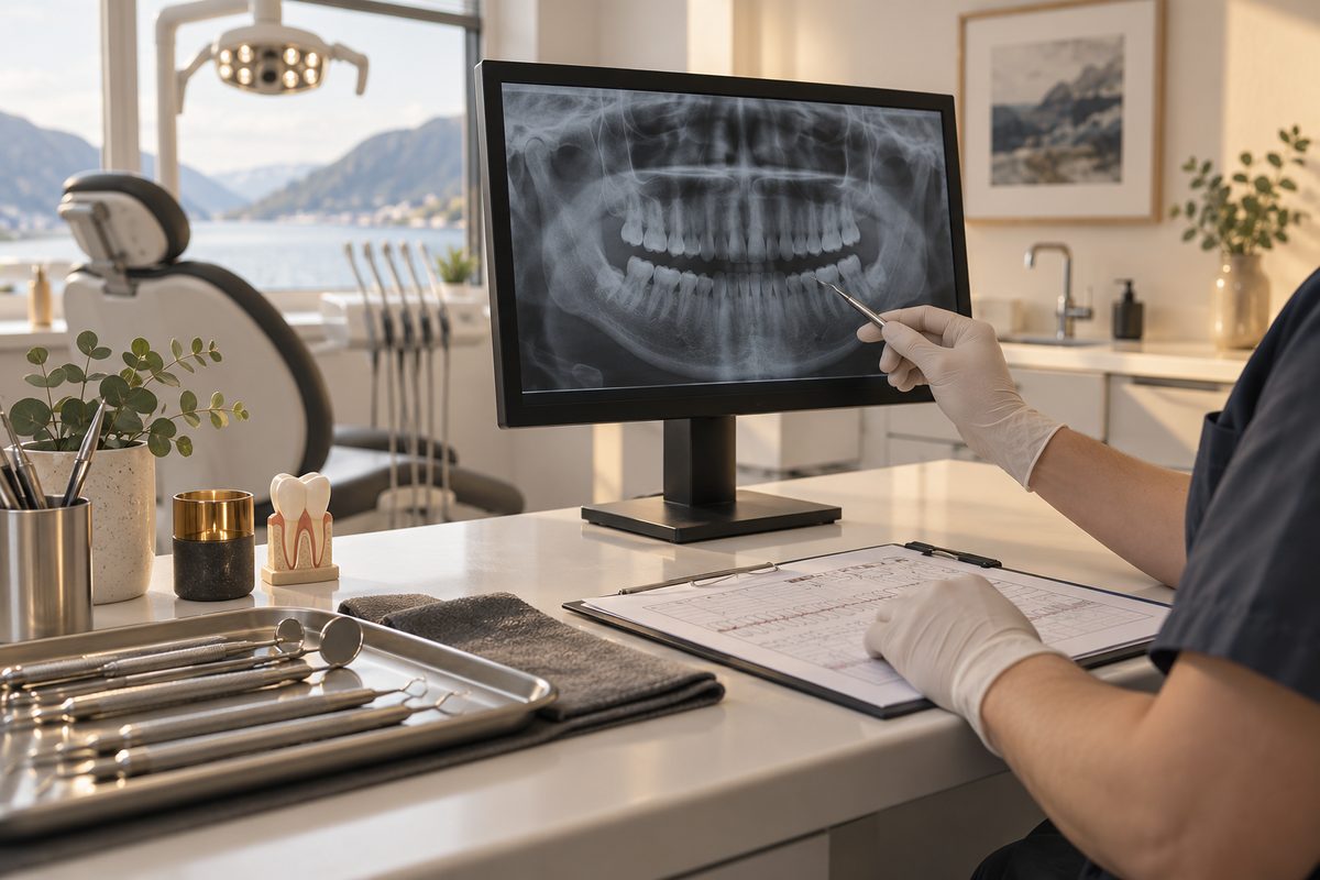 En behandler går gjennom røntgenbilder ved en tannklinikk, med periodontalprobe og kliniske instrumenter klart på benken.