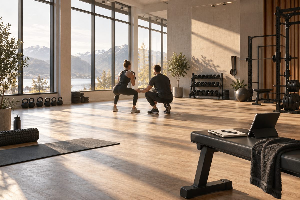 En trener veileder en kunde i knebøy i et lyst studio, mens vekter, matte og nettbrett med treningsnotater står rundt dem.