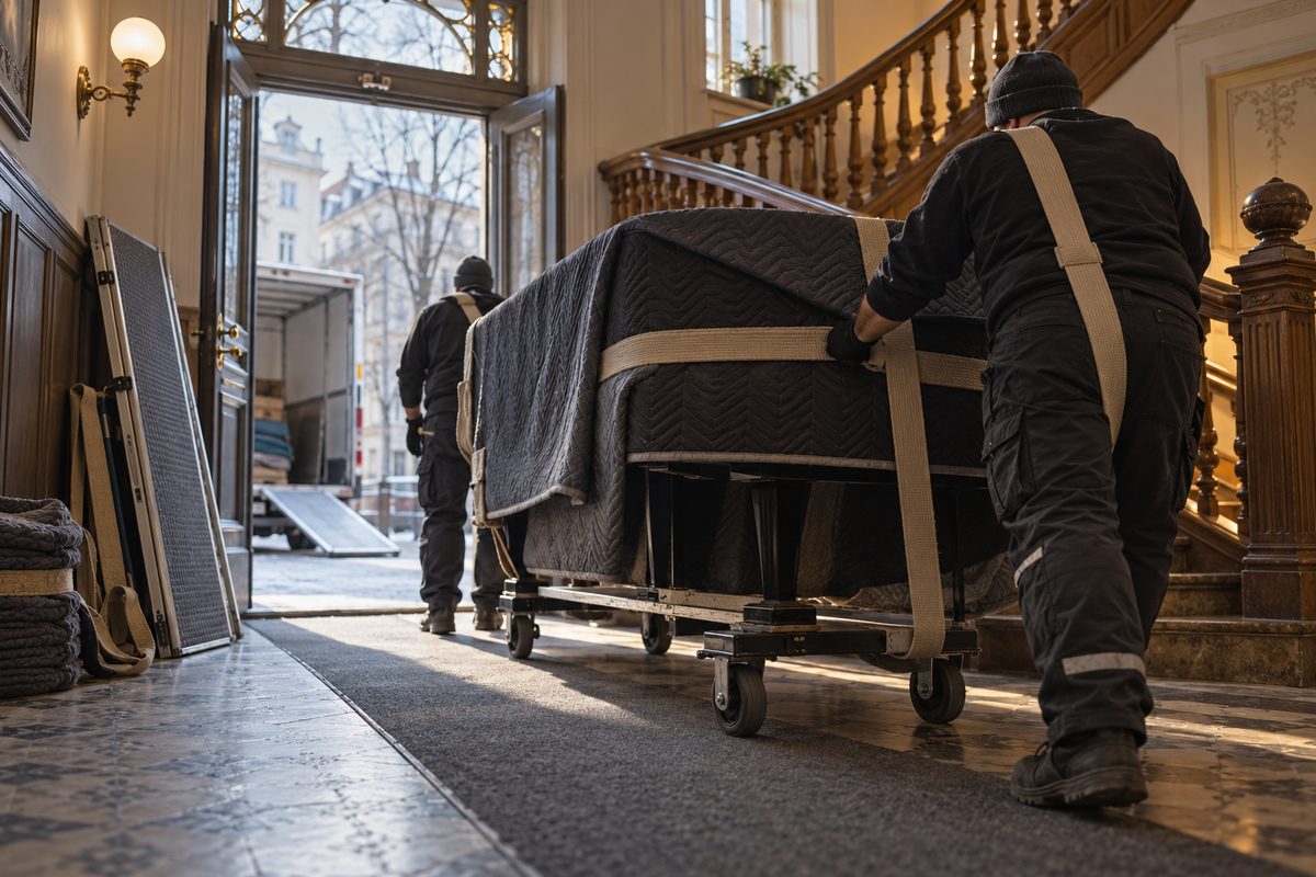 Flyttefolk triller et teppeinnpakket piano på lav vogn gjennom en bygård, med bærestropper og lasterampe ved døren.