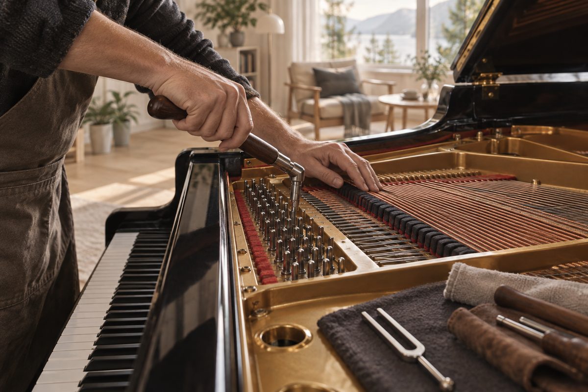 En pianostemmer justerer strengene med stemmenøkkel i et åpent flygel, mens stemmegaffel og dempeverktøy ligger på filten.