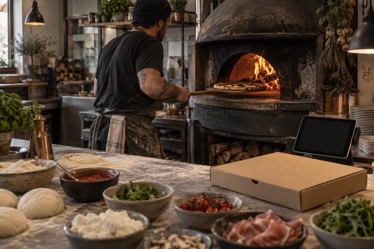 En pizzabaker arbeider med pizza ved den varme steinovnen, mens råvarer og en skjerm uten innhold fyller benken.