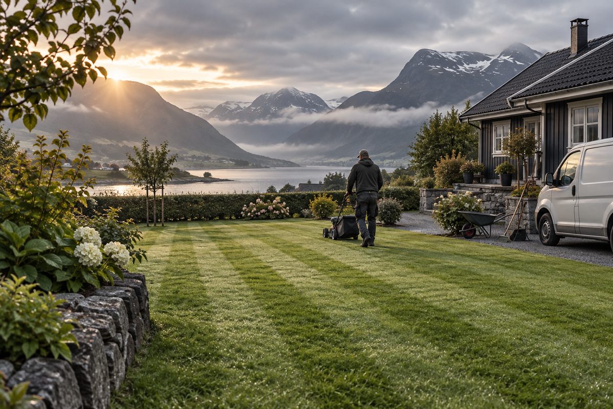 En plenklipper i arbeidsklær lager parallelle striper på en grønn plen ved et norsk trehus.