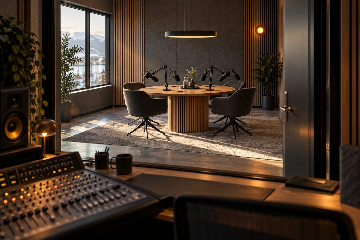 Et lyst podkaststudio med mikrofoner rundt et trebord, polstrede stoler og en miksepult i forgrunnen.