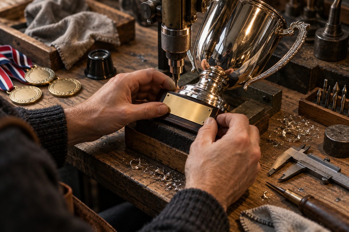 Hender plasserer en blank pokal ved graveringsverktøyet på en arbeidsbenk med måleverktøy, medaljer og pusseklut.