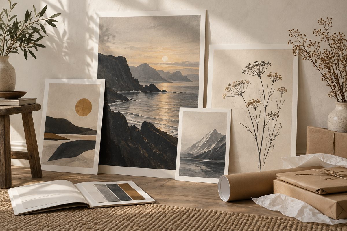 Originale kunsttrykk med nordisk kystmotiv og botanisk tegning står ved siden av papirkatalog, fraktrør og innpakket ordre.