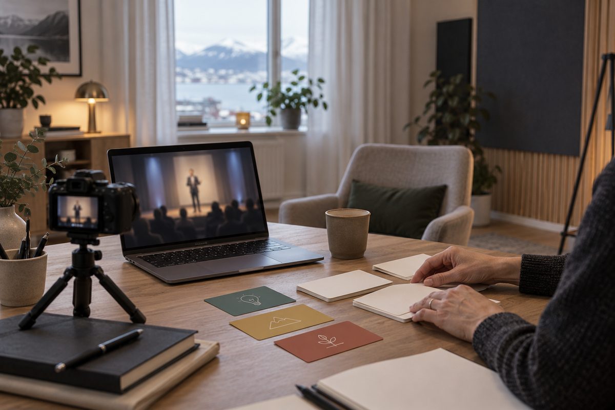 Kamera og laptop med en utydelig foredragsholder står ved blanke tilbakemeldingskort på bordet i et lyst kursrom.