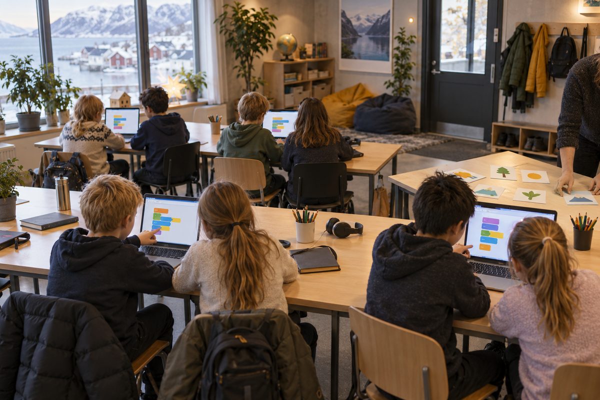 Barn sett bakfra samarbeider ved bærbare datamaskiner rundt langbord i et lyst, nordisk undervisningsrom.