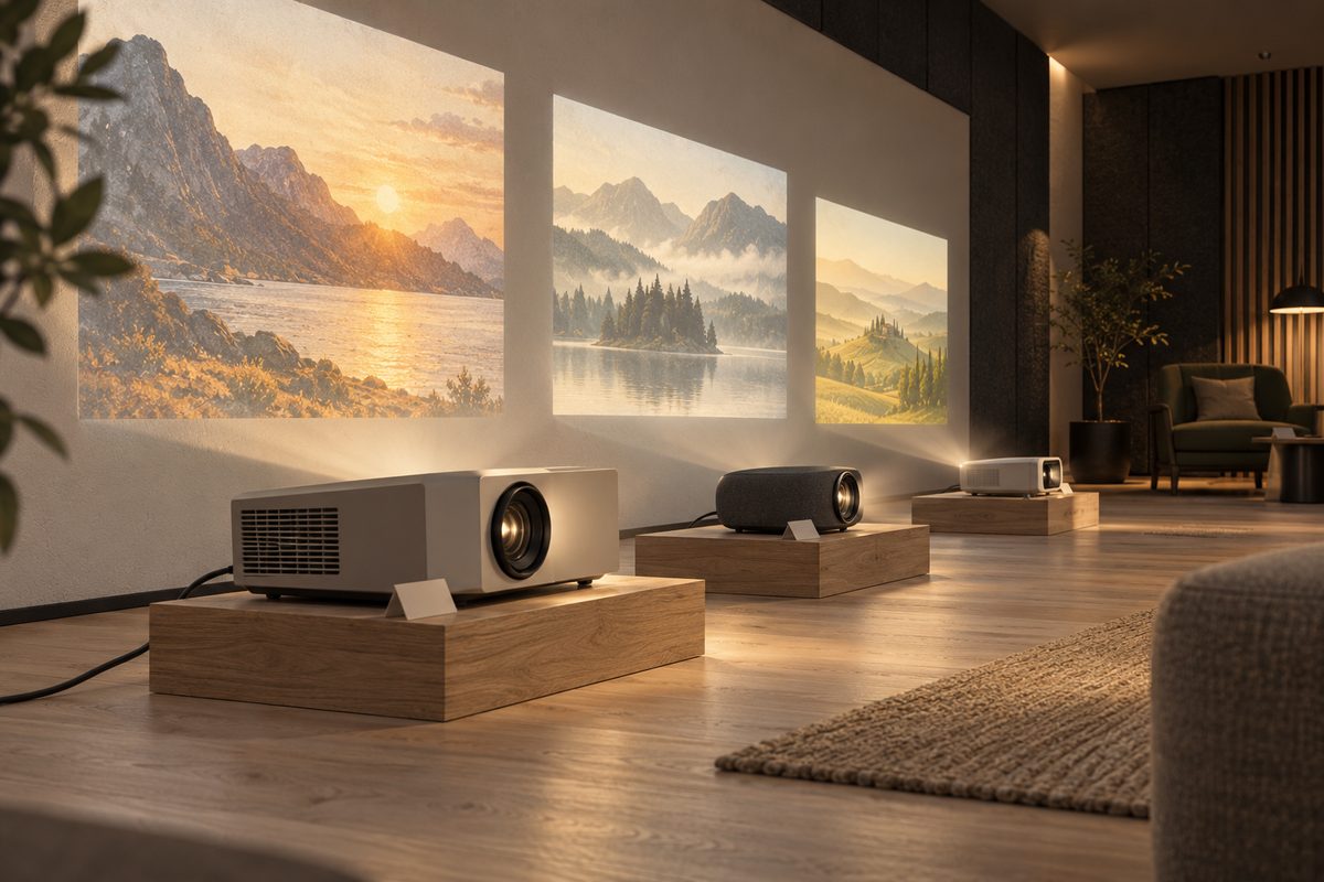Tre ulike projektorer sender varme landskapsbilder mot en vegg i et dempet showroom med god avstand mellom apparatene.