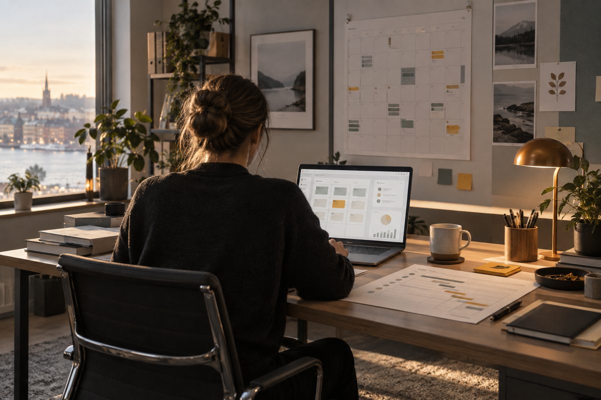 Prosjektleder sett bakfra foran en arbeidsplan og skjerm med tekstløse oppgaver i et lyst nordisk kontor.