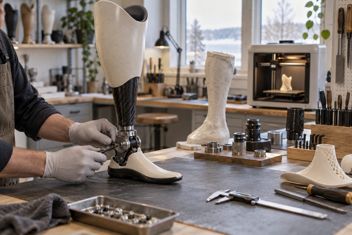 En ortopeditekniker justerer en protese på arbeidsbenken, med måleverktøy, gipsmodell og 3D-printer i et lyst verksted.