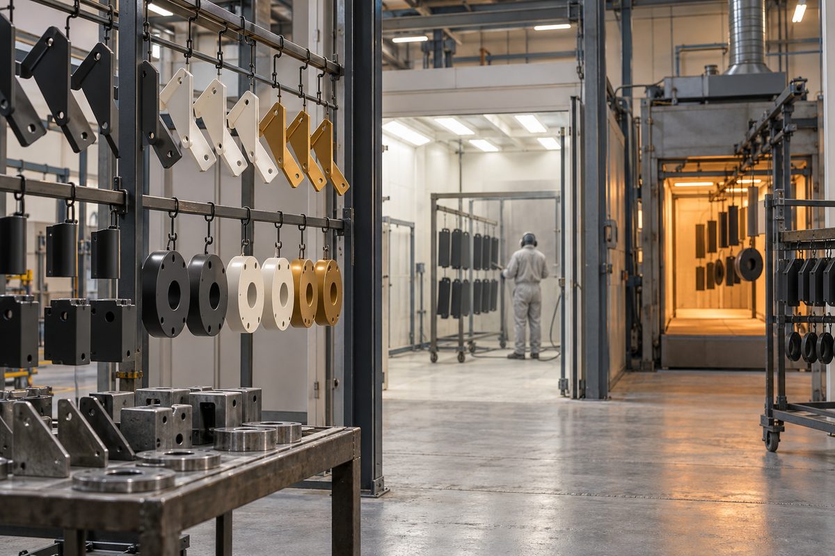 Pulverlakkede metalbraketter henger på stativer i et verksted, mens en arbeider står ved sprøyteboksen og herdeovnen.