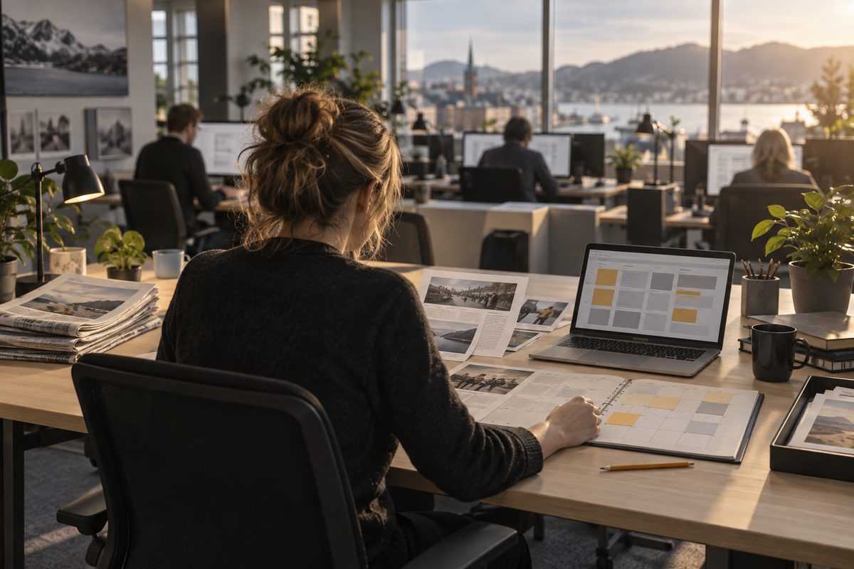 Redaktør sett bakfra planlegger publisering ved et skrivebord med avisbunker, kalender og skjerm i et lyst norsk nyhetsrom.