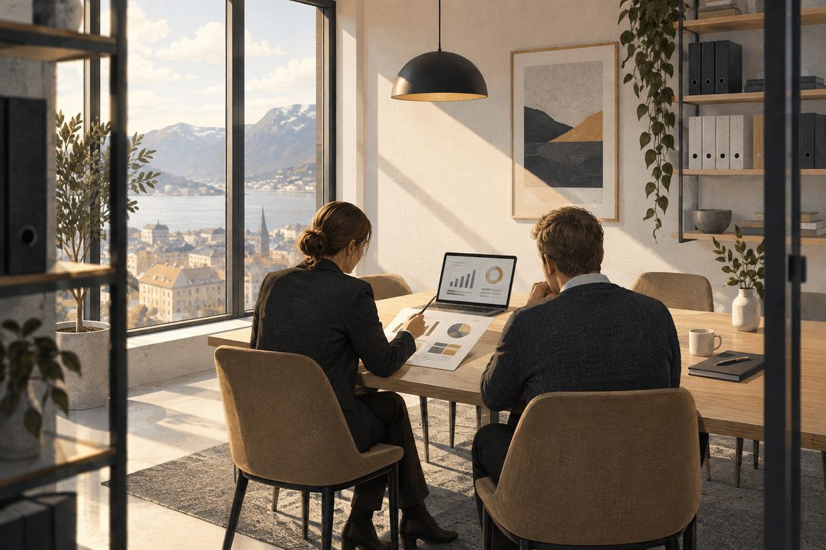 Regnskapsfører gjennomgår en rapport med en klient ved et lyst møteromsbord, med diagrammer på papir og skjerm.