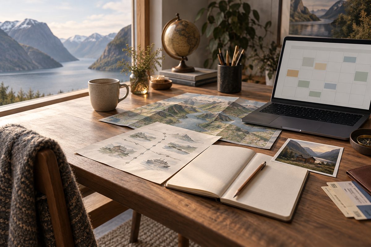 Et skrivebord ved en norsk fjord med kart, reiserute i notatbok, globus og bærbar PC med en enkel kalender.