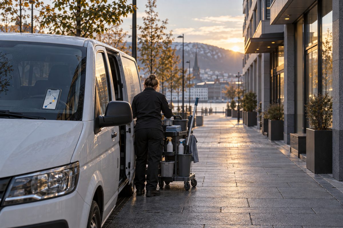 En renholder bakfra laster en tralle med rengjøringsutstyr ved en hvit servicebil i en norsk bygate ved soloppgang.