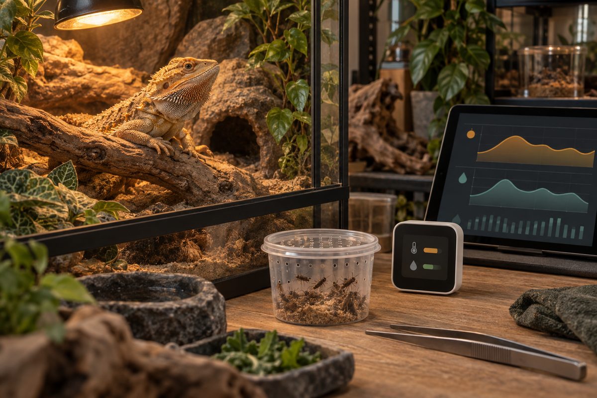En skjeggete agama hviler på en grein i et terrarium ved siden av fôrinsekter, måleverktøy og et nettbrett.