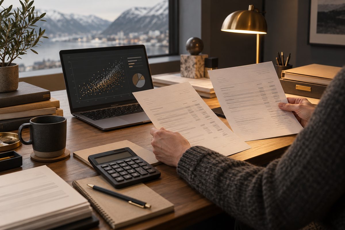 En revisorhånd sammenligner papirer ved en arbeidsplass med laptop, kalkulator, blyant og papirbunker.