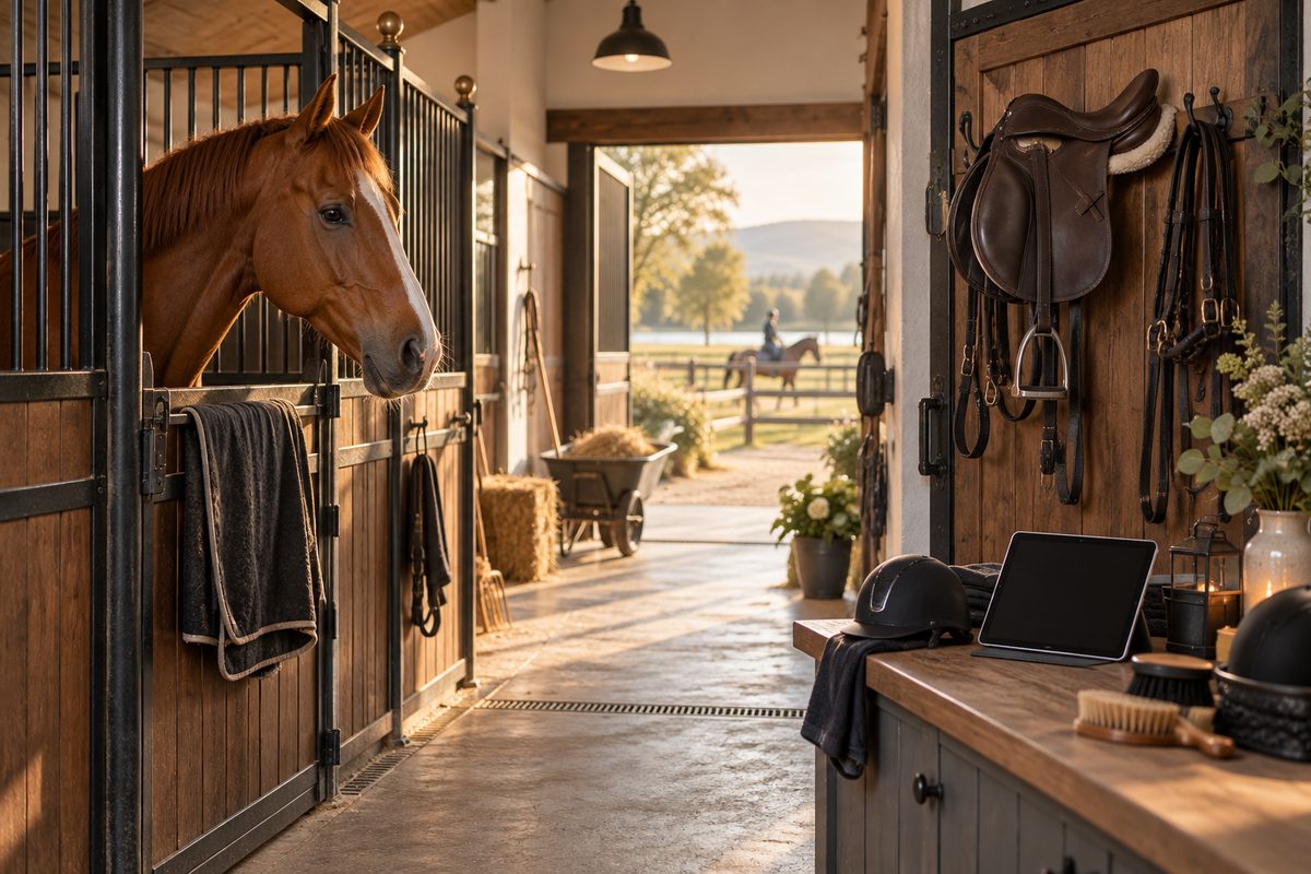 En hest står i en lys stall ved sal, hodelag, ridehjelmer og børster på en benk.