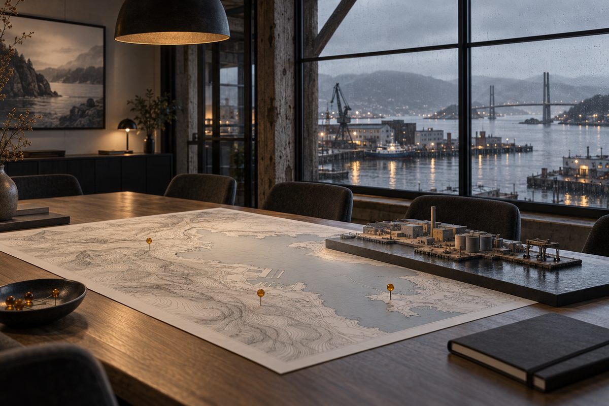 Et topografisk kart og en modell av et industriområde ligger på bordet foran et vindu mot havna.