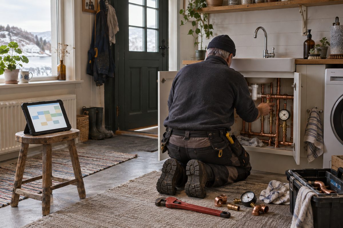 En rørlegger sett bakfra arbeider ved kobberrør, med verktøy og et nettbrett på en krakk i rommet.
