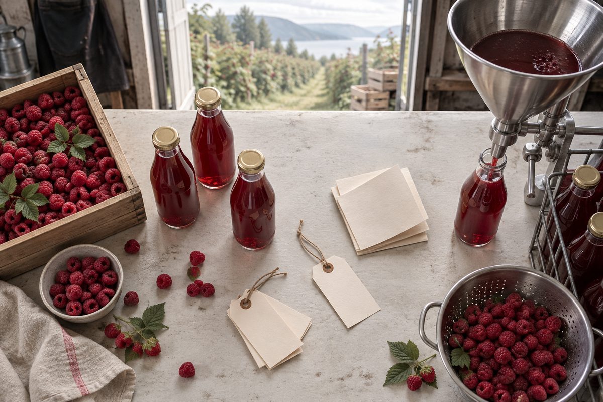 Flasker med mørkerød saft, friske bringebær og blanke trakter står på et lyst tappebord med frukthage synlig gjennom døren.