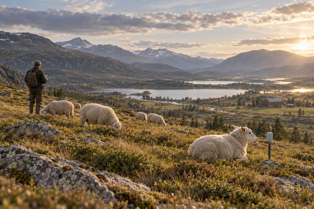 En sauebonde med nettbrett følger en flokk i fjellbeite, mens en søye hviler ved en enkel sensor i kveldssol.