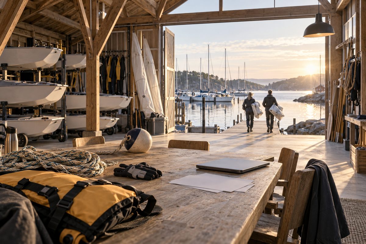 I et lyst naust ligger tauverk, redningsvester og blanke ark på et bord, mens frivillige bærer seil mot småbåthavna.