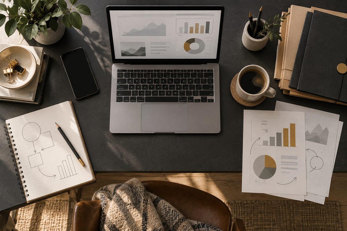 En bærbar PC med uleselige analysevisninger ligger blant arbeidsnotater, kaffekopp og klientmapper på et ryddig skrivebord.