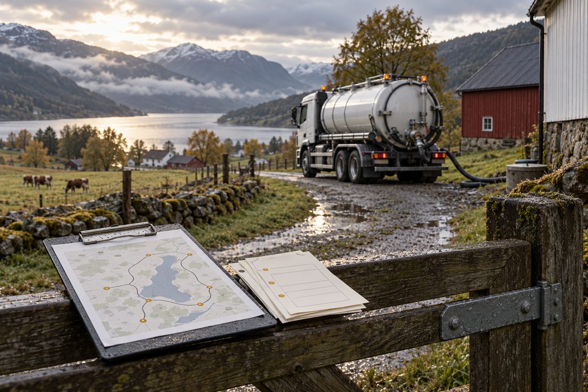 En tankbil står ved en våt grusvei i et norsk dalføre, med et rutekart på en grind i forgrunnen.