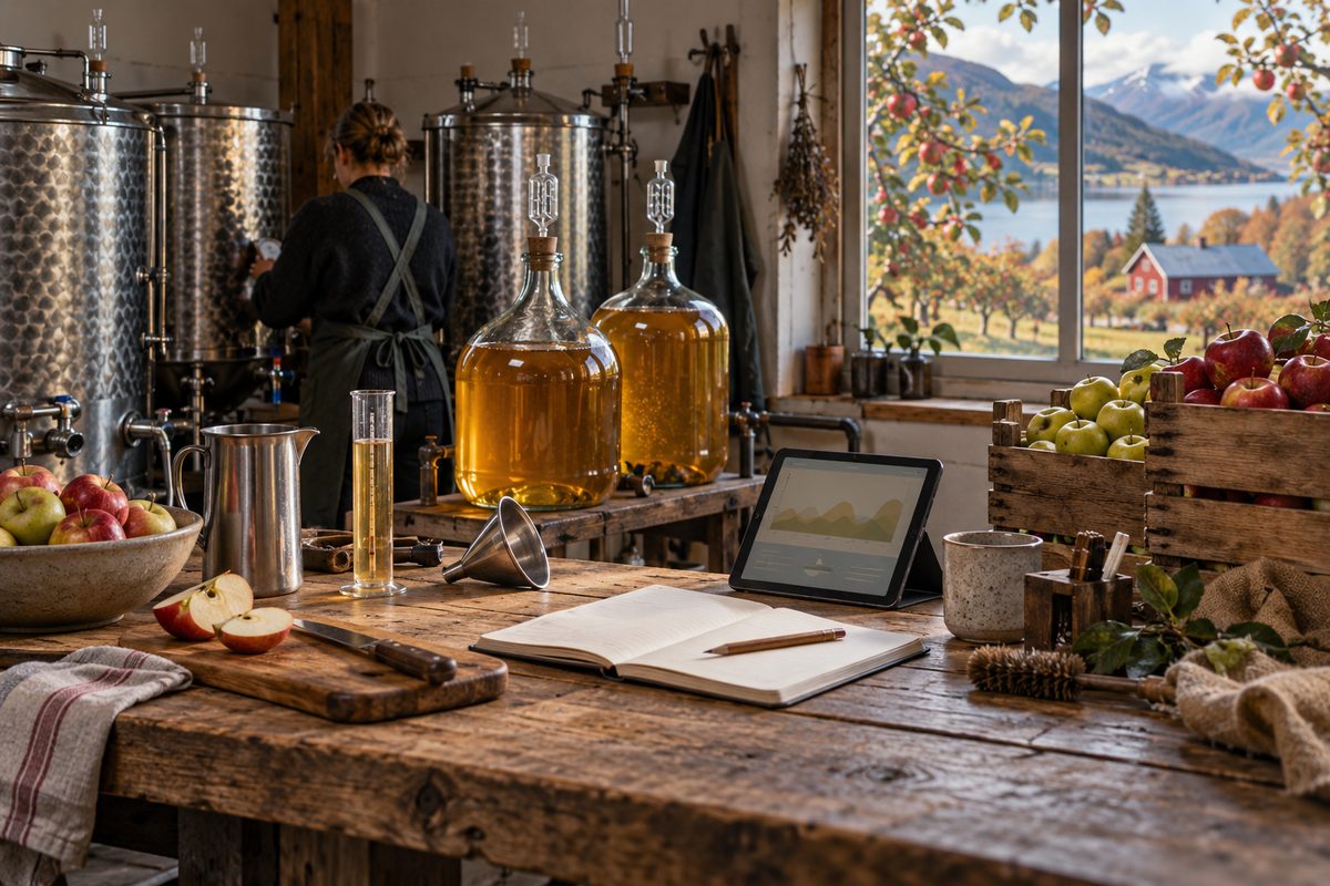 I et sideri står en produsent ved gjæringstanker, mens epler, måleutstyr, notatbok og nettbrett ligger på arbeidsbenken.
