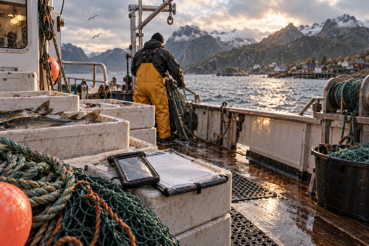 En kystfisker haler garn på en liten båt med fiskekasser og vanntett nettbrett foran en norsk fjordby.