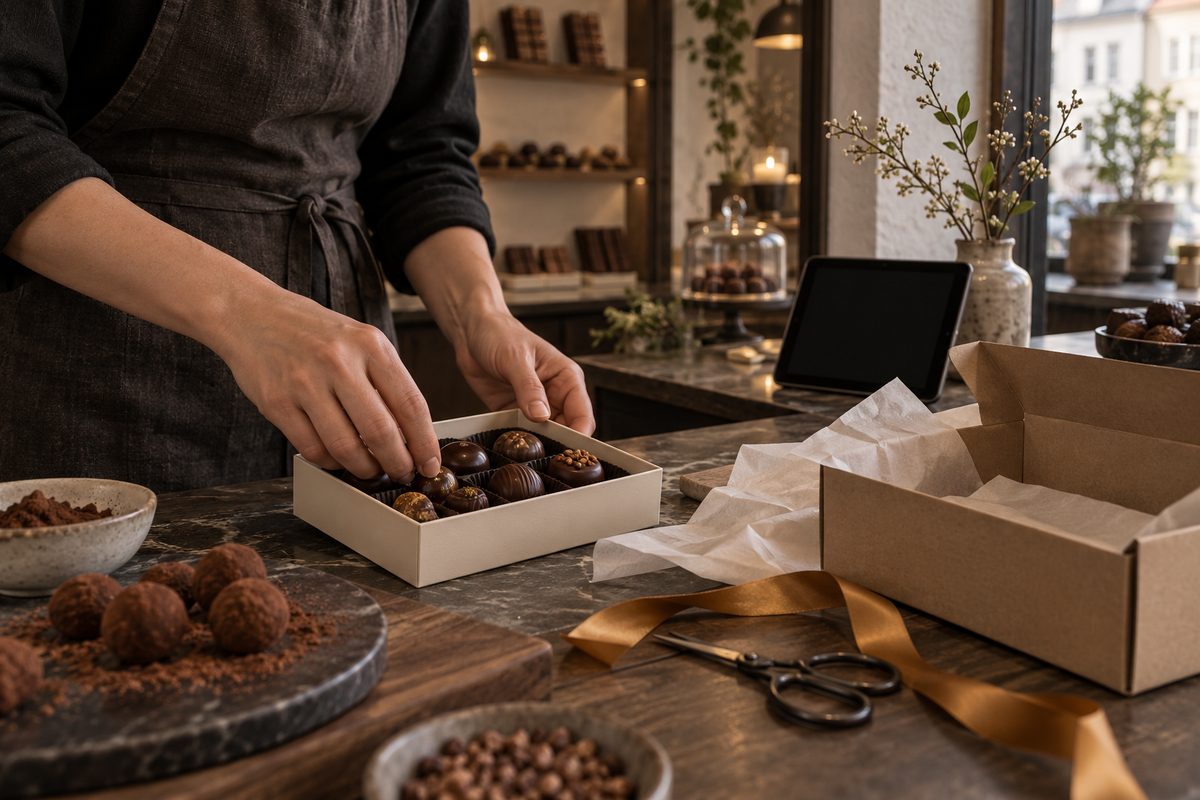 En sjokolademaker legger konfekt i en gaveeske ved papir, bånd og en åpen pakke i butikken.