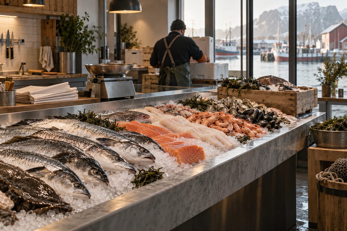 En lang disk med fersk fisk og skalldyr på is fyller forgrunnen, mens en butikkarbeider tar imot kasser ved vinduet mot havna.