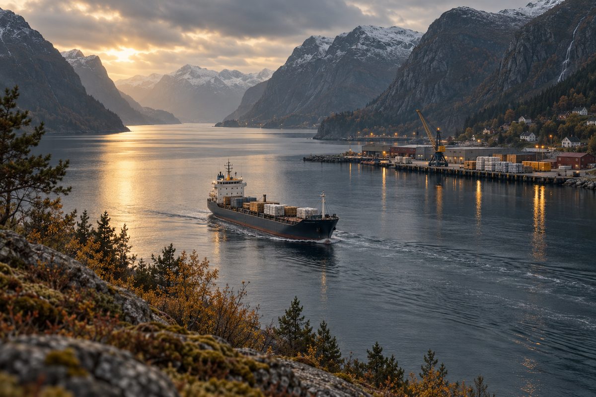 Et lasteskip følger en stille fjord mot en liten norsk kai med kran, gods og fjell langs kysten i mykt kveldslys.