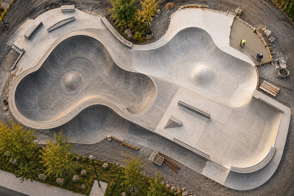 Ovenfra ses en ny skatepark med buede betongramper, en halvferdig kant og små arbeidere omgitt av grus og trær.