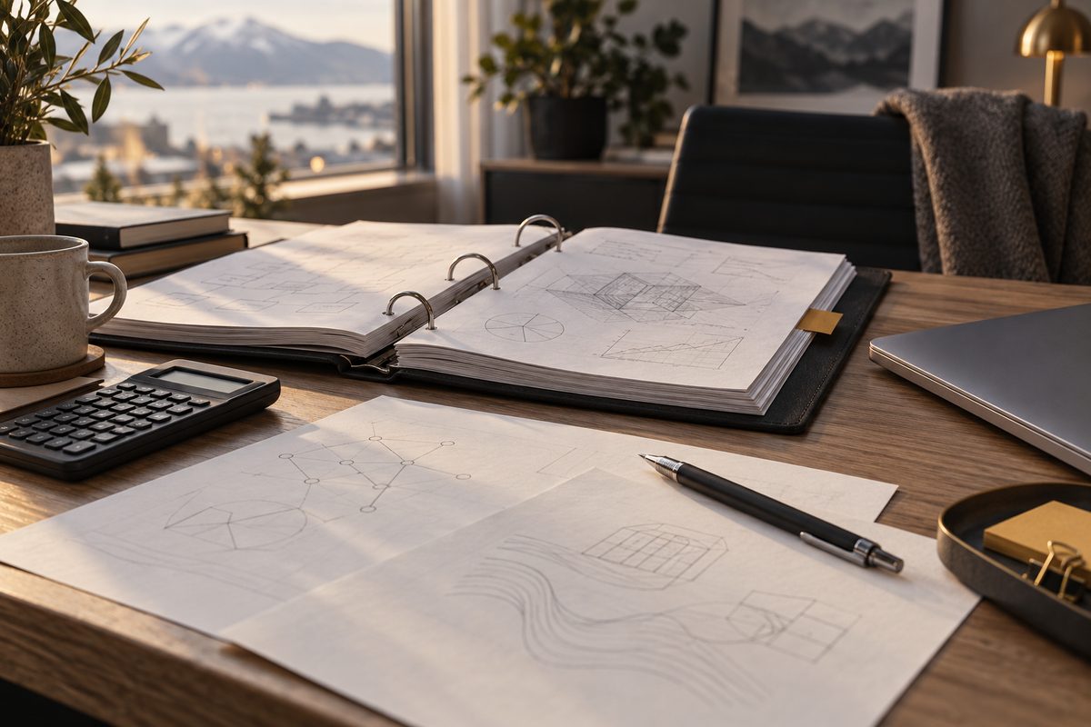 Åpne prosjektmapper med tekniske skisser, kalkulator og penn ligger på et skrivebord ved et vindu med utsikt mot et nordisk fjordlandskap.