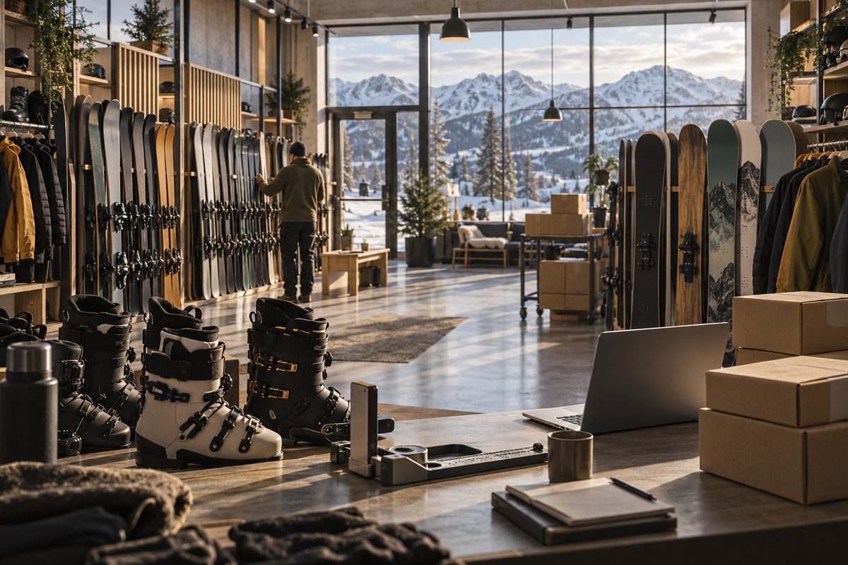 Skistøvler og rader med ski står klare i en lys butikk, med esker, arbeidsbenk og snødekte fjell synlig gjennom vinduene.